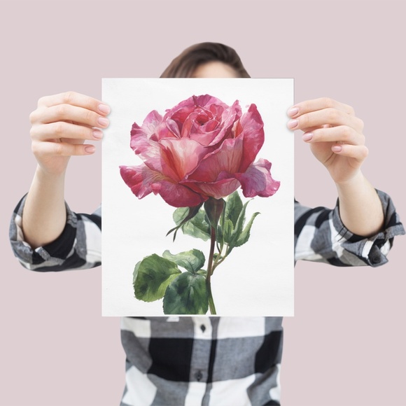 Watercolor Single Pink Rose Wall Art Print, Unframed - Delicate Floral Elegance - Picture 4 of 6